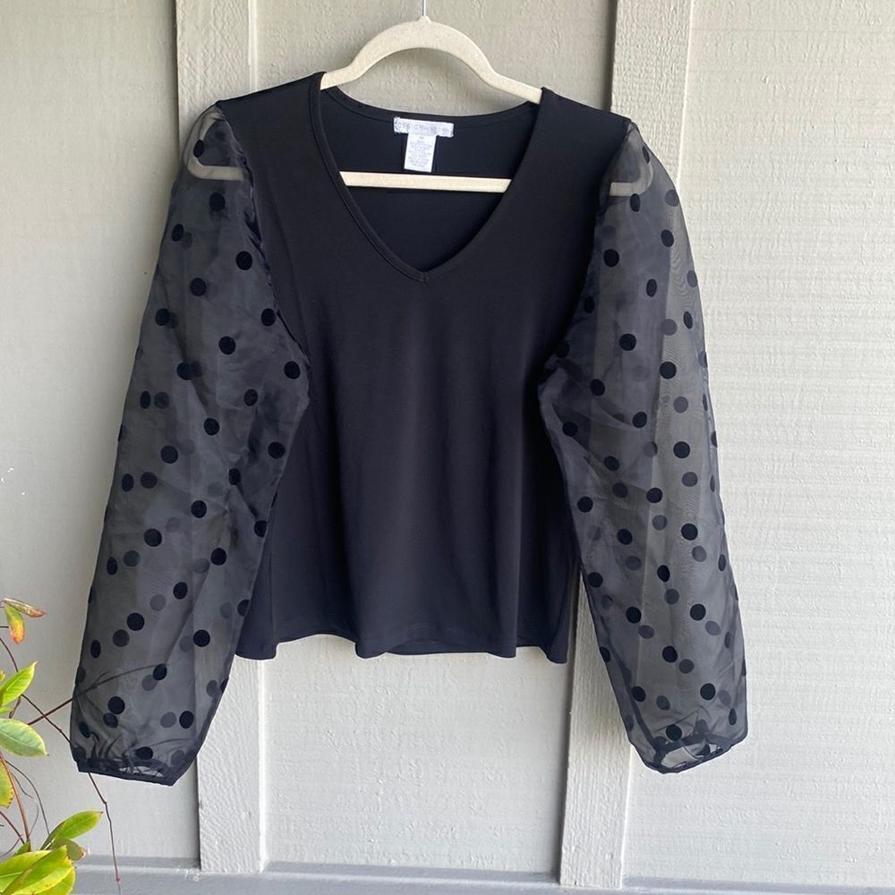 NWT - Black V-neck Blouse with Sheer Polka-Dot Balloon Sleeves Size: M